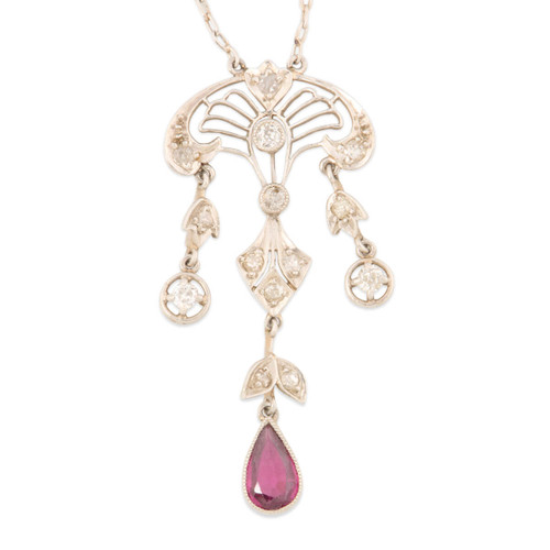 Antique Art Nouveau 18ct White Gold Tourmaline and Diamond Necklace - Main View