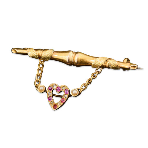 Antique 18ct Gold Ruby, Diamond and Pearl Heart Brooch - Main Image