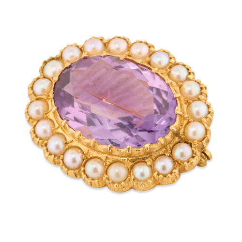 Vintage 9ct Gold Amethyst and Pearl Cluster Brooch - Main View