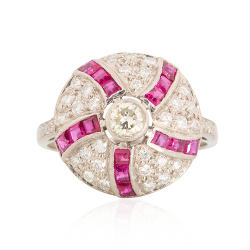 Vintage 18ct White Gold Ruby & Diamond Spiral Cluster Ring - Main View