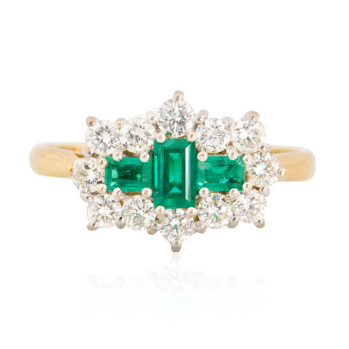 Second Hand 18ct Gold Baguette Emerald & Diamond Cluster Ring - Main View