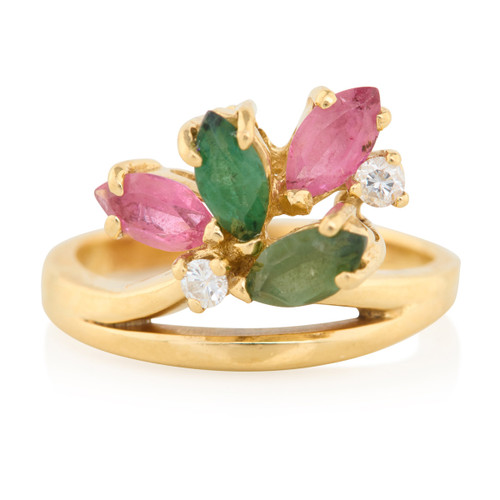 Second Hand 9ct Gold Green & Pink Tourmaline and Diamond Tiara Cocktail Ring - Main View