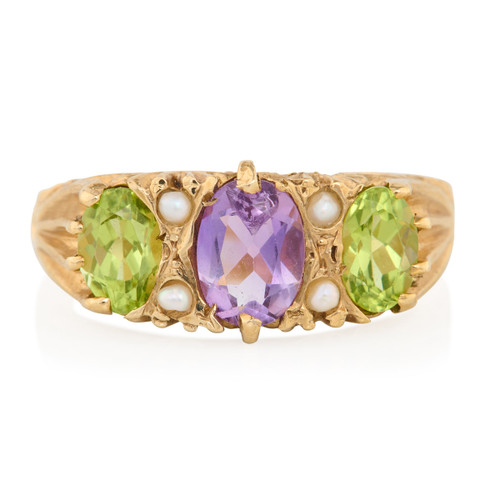 9ct Gold Suffragette Ring Peridot, Pearl and Amethyst - Main View