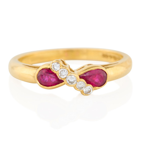Second Hand 18ct Gold Ruby and Diamond Cross Over Ring - Main View