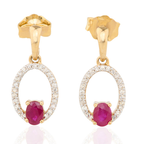 9ct Gold Ruby and Diamond Oval Drop Earrings - Main View