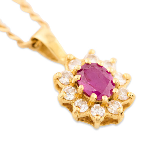 Second Hand 18ct Gold Ruby & Diamond Cluster Pendant & Chain - Main View
