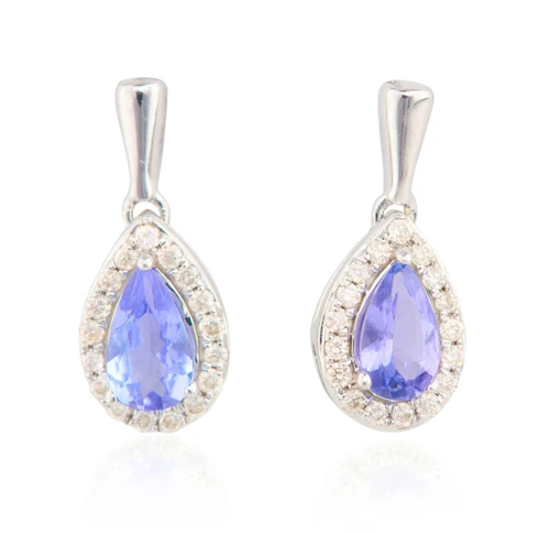 9ct White Gold Tanzanite & Diamond Cluster Drop Earrings - Main View