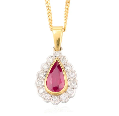 Second Hand 18ct Gold Pear Ruby & Diamond Cluster Pendant with Chain - Main View