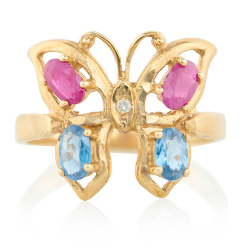 9ct Gold Ruby Sapphire & Diamond Butterfly Ring - Main View