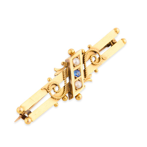 Antique Victorian 15ct Gold Sapphire & Pearl Double Bar Brooch – 1894-1895 - Main View