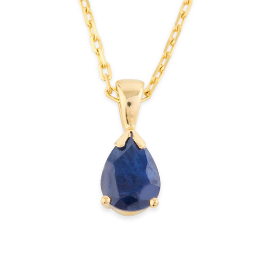 9ct Gold Pear Cut Sapphire Pendant Necklace - Front View