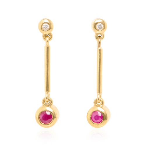 Second Hand 9ct Gold Ruby & Diamond Bar Drop Earrings - Main View