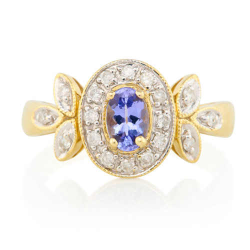 Second Hand 18ct Gold Iolite and Diamond Cluster Ring – Leaf Shoulders - Main View