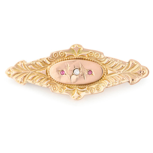 Antique 9ct Gold Ruby & Diamond Plaque Brooch - Main View