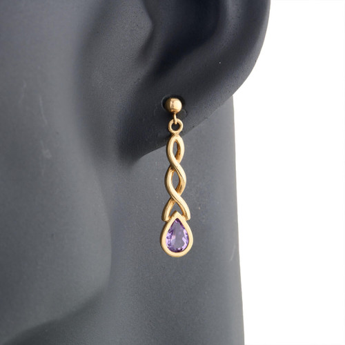 Second Hand 9ct Gold Amethyst Spiral Drop Earrings - Worn View