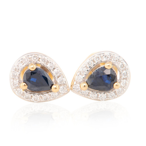 9ct Gold Pear Cut Sapphire and Diamond Stud Earrings - Main View