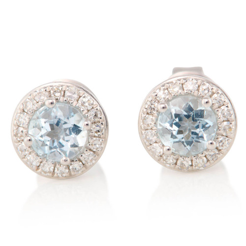 9ct White Gold Aquamarine and Diamond Cluster Stud Earrings - Main View