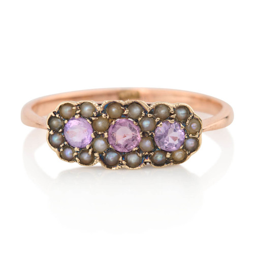 Antique 9ct Rose Gold Amethyst and Pearl Triple Cluster Ring - Main View