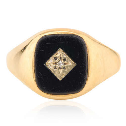 Vintage 9ct Gold Onyx and Diamond Signet Ring - Main View