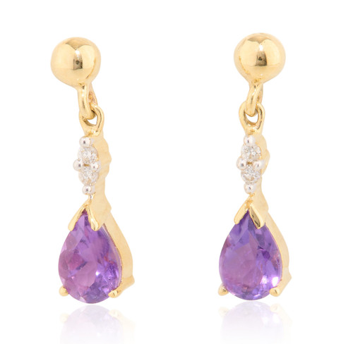 9ct Gold Amethyst and Diamond Drop Earrings - MainView