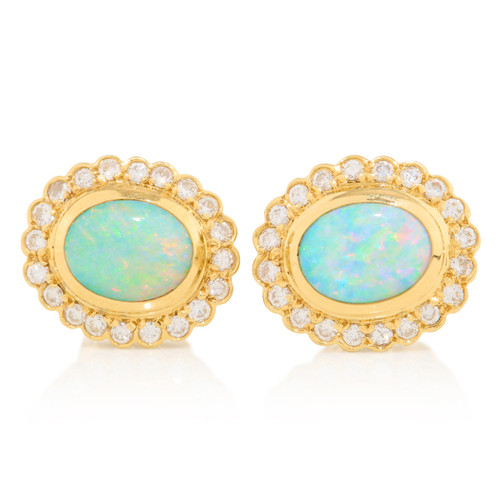 Second Hand 18ct Gold Opal and Diamond Cluster Earrings - Main View