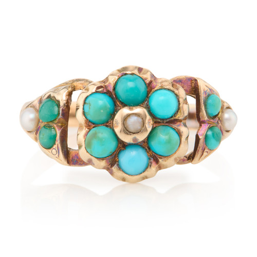 Antique 9ct Gold Turquoise and Pearl Dress Ring - Main View