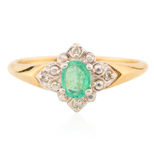 Second Hand 9ct Gold Emerald and Diamond Dress Ring - Front View