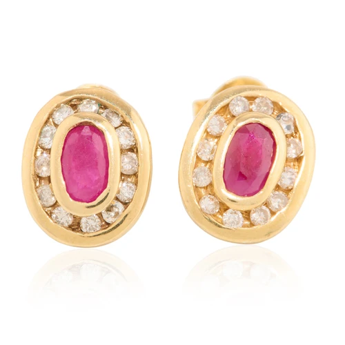 Second Hand 9ct Gold Ruby and Diamond Channel Set Cluster Earrings - Main View