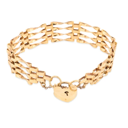 Second Hand 9ct Gold 4 Bar Gate Bracelet with Heart Padlock - Main View