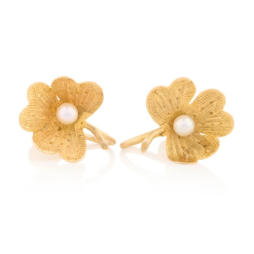 Vintage 9ct Gold and Pearl Clover Screw Back Earrings – 1930s - Main View
