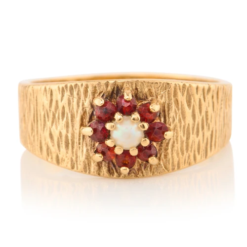 Vintage 9ct Gold Pearl and Garnet Wide Ring - Front View