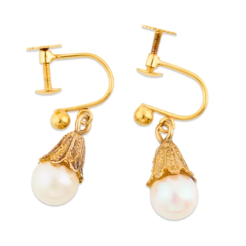 Vintage 9ct Gold Pearl Drop Screw Back Drop Earrings - Main View
