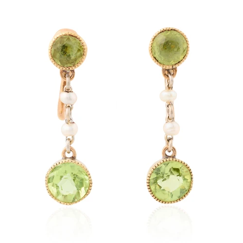 Antique 9ct Gold Peridot and Pearl Drop Earrings - Main View
