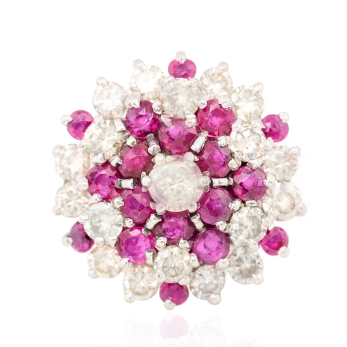 Vintage 18ct White Gold Ruby and Diamond Floral Cluster Ring - Main View
