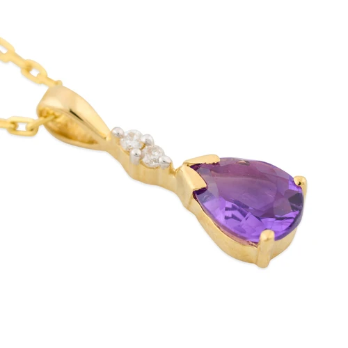 9ct Gold Pear Amethyst and Diamond Pendant with Chain - Main View