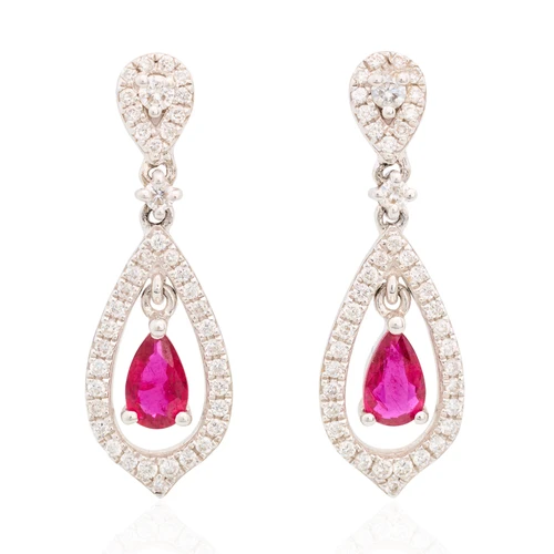 18ct White Gold Pear Ruby Drop Earrings - Main View