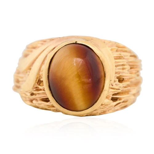 Vintage 9ct Gold Wide Tigers Eye Ring with Bark Effect - Main View