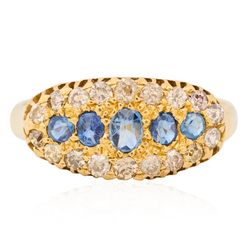 Antique 18ct Gold 5 Stone Sapphire Cluster Ring - Main View