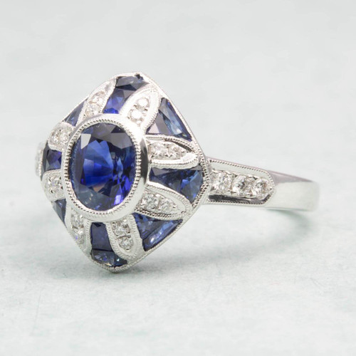 Second Hand 18ct Gold Sapphire & Diamond Art Deco Style Ring | RH Jewellers