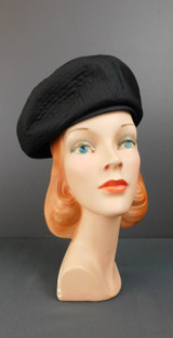 Vintage Black Fabric Hat 1960s by Lora with Gold Button, fits 22 inch head
