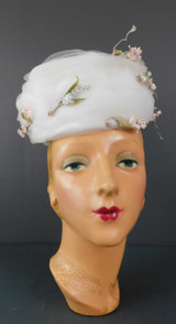 Vintage White Tulle Hat with Flowers, 1960s, 21 inch head