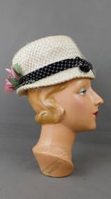 Vintage White Straw Hat with Flowers in the back,  Navy Velvet Ribbon, 1960s