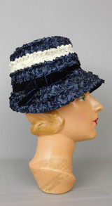 Vintage Navy & White Straw Raffia Hat with Velvet Bow, 1960s Bucket 21 inch head