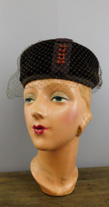 Vintage Brown velvet Hat with Beads and Veil, 1960s Evening