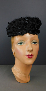Vintage Black Straw and Raffia Pillbox Topper Hat with Netting, 1960s, 21 inch