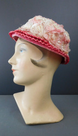 Vintage Pink Flowers and Straw Hat, 1960s, 21 inch head