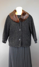 SALE - Vintage Black Curly Persian Faux Fur, 1960s short jacket, fits 36 inch bust, real fur collar