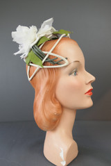 Vintage White Rose Cage Hat with Open Frame, 1960s Wedding Crown
