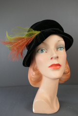 Vintage Black Velvet Hat 1960s with Green & Orange Feathers, Stephan Anne
