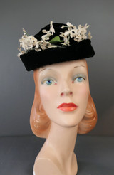 Vintage Gathered Black Velvet Topper Hat with White Flowers , 1950s Mr. Charles